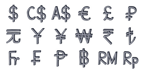 Hand drawn currency symbol set Dollar euro pound ruble yuan yen won rupee lira franc peseta baht ringgit rupiah