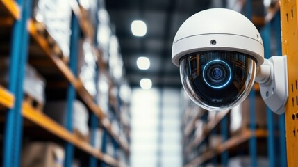A security camera is positioned in a warehouse, monitoring the surroundings with shelves of goods in the background.