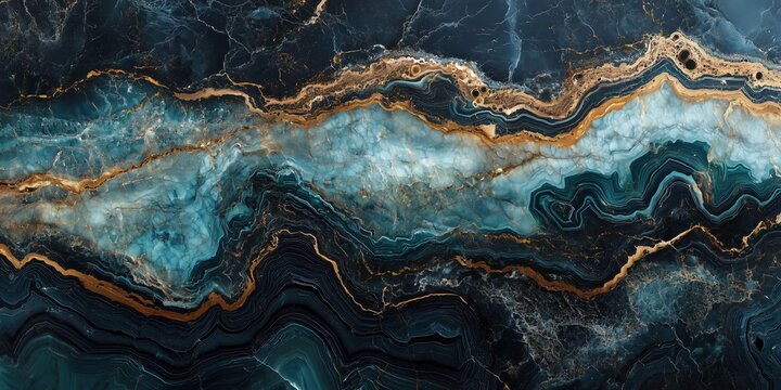 Abstract Stone Veins: A macro shot showcases the intricate details of natural stone, with flowing veins of gold and teal swirling across a dark surface.