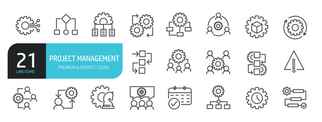 Set of line icons related to project management, manager, target, strategy, teamwork. Outline icons collection. Editable stroke. Vector illustration