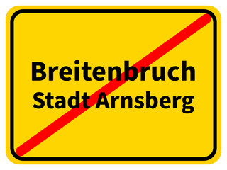 Grafische Darstellung des Ortsausgangsschildes von Breitenbruch, einem Ortsteil der Stadt Arnsberg im Sauerland