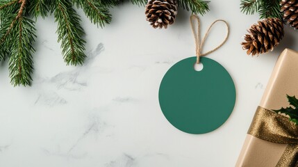A festive arrangement featuring a green tag, pinecones, and evergreen branches on a marble surface, suggesting a holiday theme.