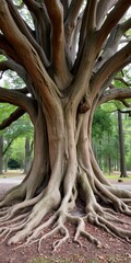  Ancient Oak Tree with Thick Roots in a Forest Clearing