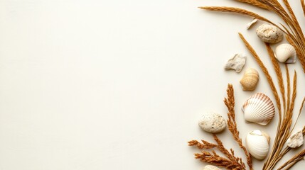 Obraz premium Seashells and Dried Wheat on Off White Textured Background