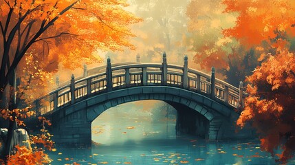 Autumnal bridge over tranquil pond, misty forest backdrop; ideal for serene nature scenes