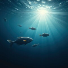  Calm Deep Sea Waters with Majestic Fish and Shimmering Light Rays
