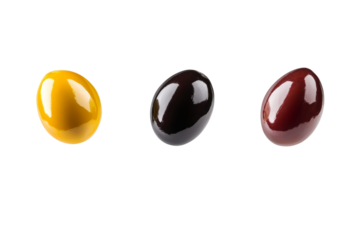 Three different colored olives are shown in a row, isolated