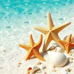  Seashells and Starfish on a Tropical Beach with Turquoise Water in the Background
