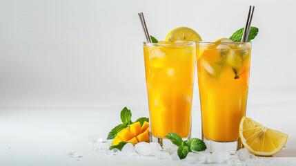 Fototapeta premium mango fizz summer cocktail, two glasses with mango juice