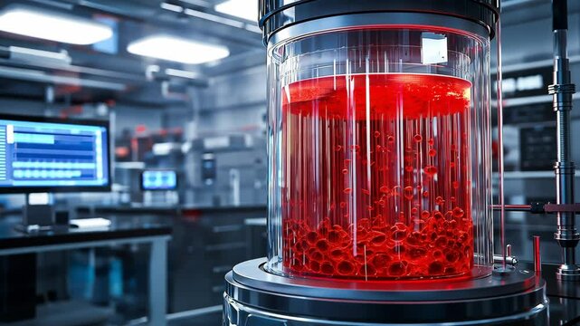 A bioreactor stimulating a vibrant red culture in a state-of-the-art laboratory. The bioreactor features a sleek, transparent chamber with visible red liquid. Bioreactor undergoes cultivation	