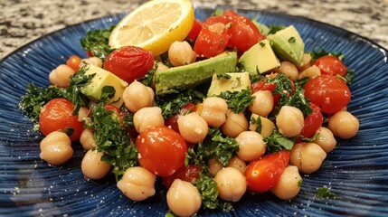 A vibrant salad with chickpeas, cherry tomatoes, avocado, and lemon served on a blue plate, showcasing fresh and healthy ingredients.