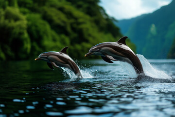 Fototapeta premium Dolphins leaping out of water near lush greenery in Hawaii, showcasing their playful nature and agility. serene moment captured in beautiful natural setting