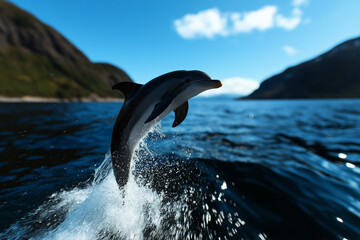 Fototapeta premium Dolphin leaping out of water, creating splash against scenic backdrop. vibrant blue ocean contrasts with mountains, showcasing beauty of nature