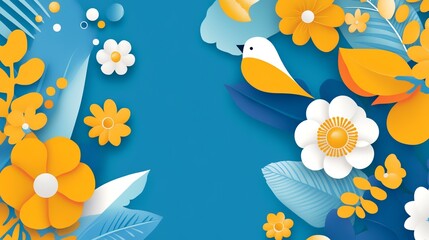 Fototapeta premium Spring floral banner birds and flowers on blue background, ideal for websites or social media