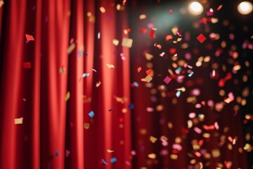Red curtain with confetti falling from it