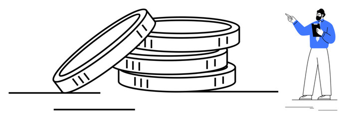 Stacked coins symbolize finance and wealth. Businessman pointing to represent strategy, growth, investment, saving. Ideal for business, economy, planning, wealth consulting fintech flat simple