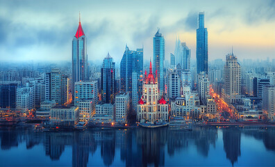Fototapeta premium Beautiful modern city view with skyscrapers of financial and business area 