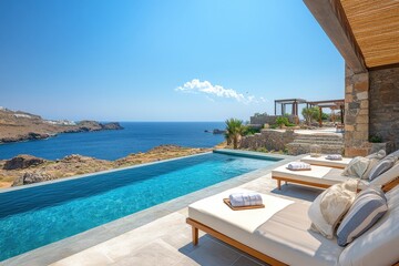 Fototapeta premium sunbed on sundeck of luxury beach hotel with a pool, panoramic view of sparkling sea and golden sandy shore stretches
