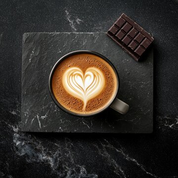 Heart latte art, chocolate, dark stone, cafe, top view