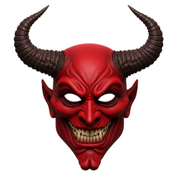 Intense Red Devil Mask with Menacing Horns and Grinning Teeth on Transparent Background