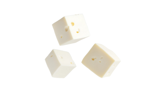 Three cubes of cheese are floating in the air, isolated