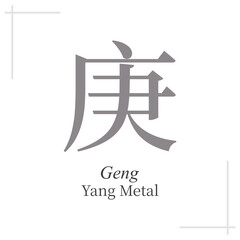 Yang metal Geng, Bazi, chinese metaphysics symbol, one of the 10 heavenly stems in chinese astrology, hieroglyph