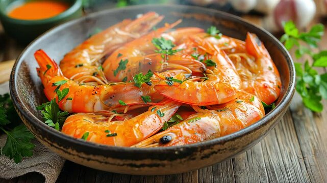 Pasta on a wooden table with grilled prawns, garlic and parsley