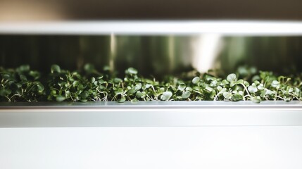 Indoor hydroponic microgreens in a modern home kitchen showcasing sustainable food production and advanced technology