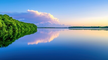 Fototapeta premium Tranquil lake reflects trees clouds and morning sky colors