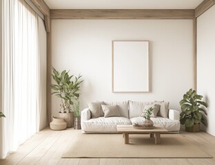 Fototapeta premium Modern minimalist living room interior with sofa, plants, and blank art