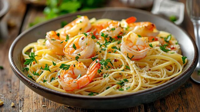 Pasta on a wooden table with grilled prawns, garlic and parsley