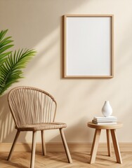 Serene Beige Room Interior with Wooden Chair and Blank Frame