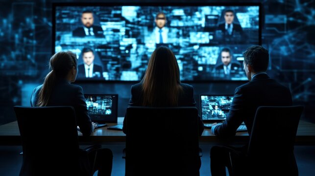Online conference with colleagues, business professionals in a virtual meeting, digital screens displaying participants, remote collaboration, professional setting - Powered by Adobe