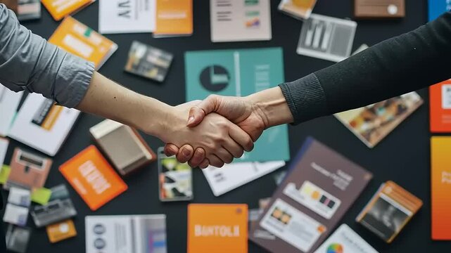 Two individuals shaking hands over a table filled with colorful brochures and business materials