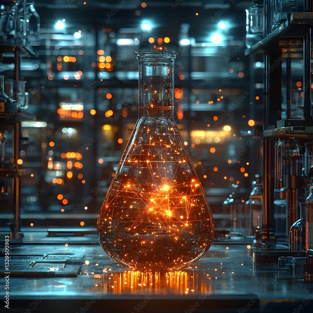 Poster glowing scatter plot visualizing a breakthrough scientific discovery in a lab environment