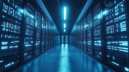 Fototapeta premium Futuristic data center corridor illuminated by blue lights, showcasing rows of servers and digital displays in the background