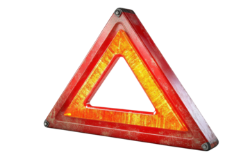A Weathered Red Emergency Triangle Warning Sign, Glowing With An Inner Amber Light, A Silent Sentinel Of Roadside Caution And Safety Against A Stark Isolated on Transparent Background