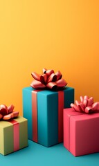 Obraz premium Colorful gifts on teal surface, yellow background; celebration, surprise, present, holiday, joy, marketing