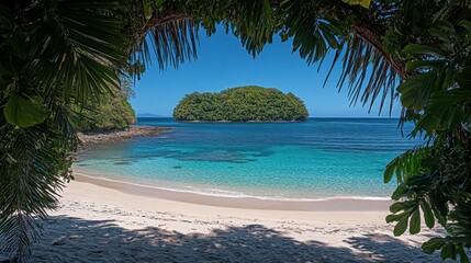 Tropical Island View from Sandy Beach