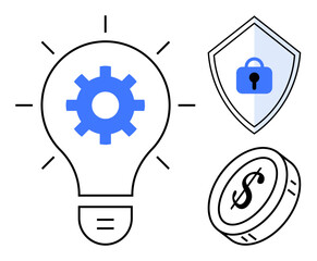 Light bulb with gear, shield with lock, and coin with dollar sign representing innovation, security, and finance. Ideal for technology, cybersecurity, business strategy, economic growth investment