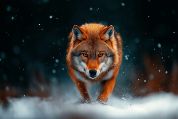 Obraz premium majestic wolf prowls through snowy forest, showcasing its striking orange fur and intense gaze. scene captures essence of winter wildlife and beauty of nature