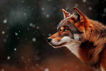 Obraz premium majestic wolf stands in winter forest, snowflakes gently falling on its fur, showcasing its striking features and intense gaze. scene evokes sense of wild beauty and tranquility