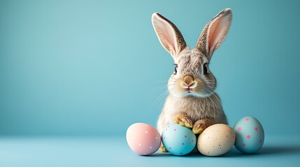 Fototapeta premium Cute bunny with Easter eggs on blue background; spring holiday greeting card
