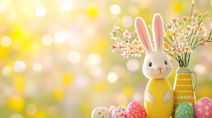 Fototapeta premium Cute Easter bunny, Easter eggs and spring flowers background with copy space 