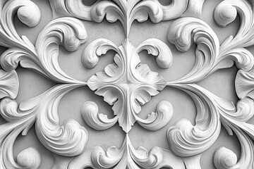 Intricate white floral carving, symmetrical design, ornate wall decor.