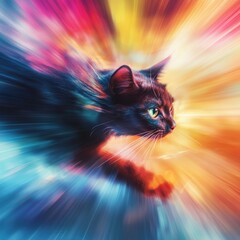 Dynamic Black Cat in a Vibrant Rainbow Burst