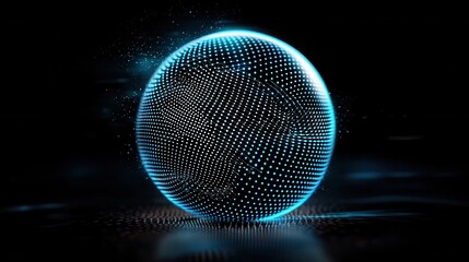 A glowing blue wireframe sphere composed of dynamic particles illuminating an abstract futuristic digital space with a gradient background