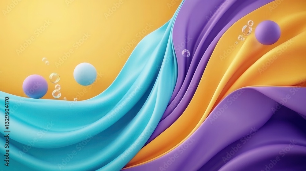 Poster vibrant flowing waves of color and floating spheres create a dynamic futuristic and surreal abstract