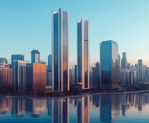 Fototapeta premium Financial and business area of modern capital with skyscrapers and corporate buildings at sunset 