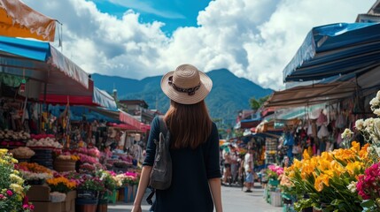 Naklejka premium Woman Walking Through a Lively Market